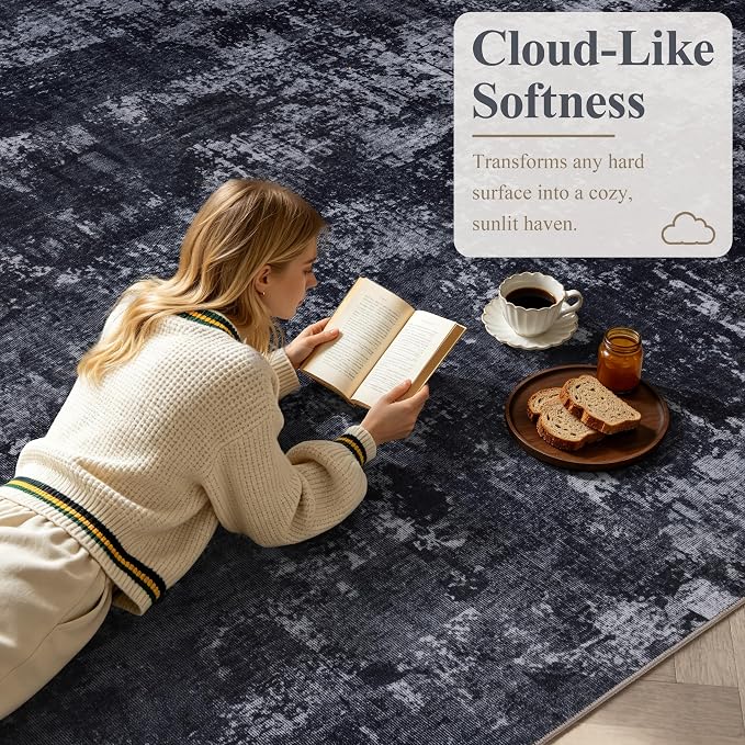 Sasttie 4x6 Soft Area Rug for Living Room, Modern Abstract Washable Carpet for Bedroom, with Non-Slip Backing, Black and Grey