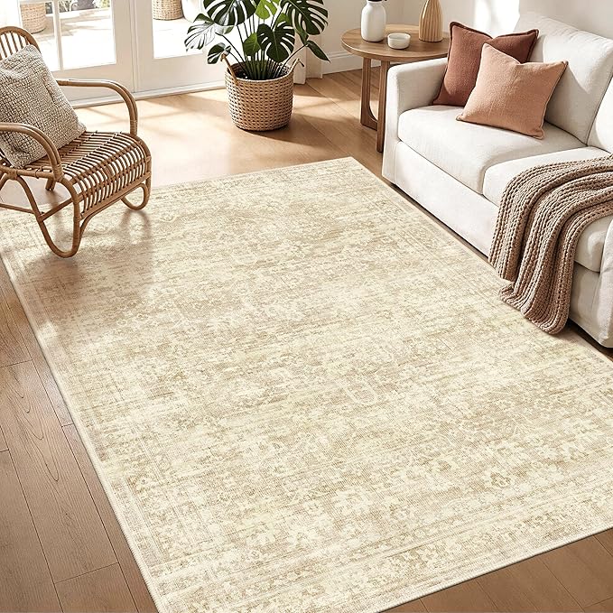Beige 5x7 Area Rugs, Neutral Vintage Boho Carpet for Bedroom | for Living Room and Dining Room, Washable Low Pile Nursery Area Rug with Non-Slip Silicone Backing, Non-Shedding, Thin