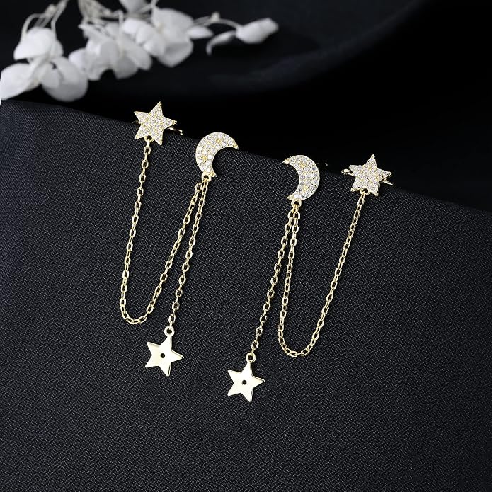 SLUYNZ 925 Sterling Silver Cuff Earrings Chain for Women Asymmetric Star Moon Earrings Crawler Dangling Chain