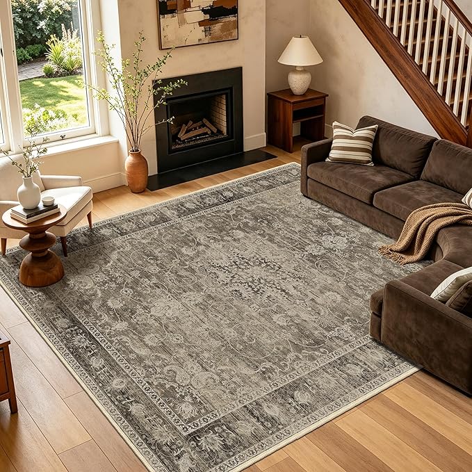 Living Room Rugs 8x10, Vintage Medallion Carpet for Bedroom, Brown | TTelephant Low Pile Indoor Area Rug for Dining Room with Non-Slip Silicone Backing, Non-Shedding Stain Resistant