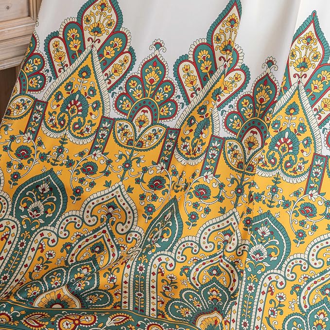 Yellow Paisley Curtains 84 Inches Long, Boho Farmhouse Light Filtering Rod Pocket Drapes with Tassel Trim for Bedroom Living Room, 2 Panels