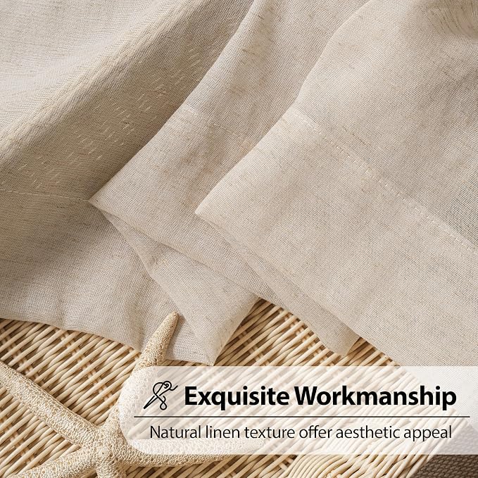 FMFUNCTEX Taupe Flax Linen Sheer Curtains 96 Inch Long Rod Pocket 2 Panels | Semi Sheer Window Drapes Taupe for Bedroom and Living Room, Farmhouse French Window Curtain Privacy