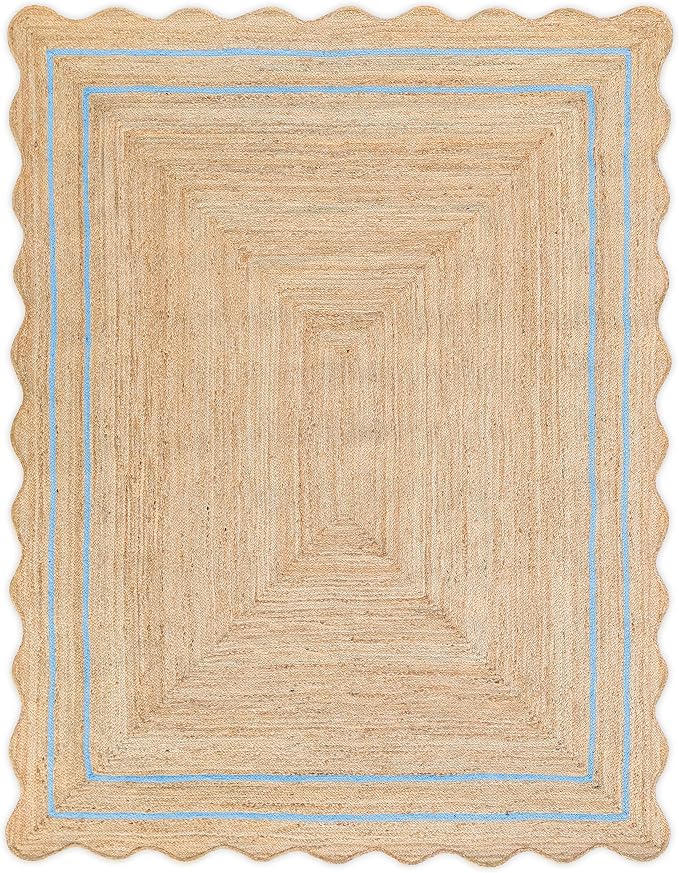Wave Scalloped Natural Jute Rug - Boho Entryway Runner, Farmhouse Scallop Design, Sky Blue (5'x7')