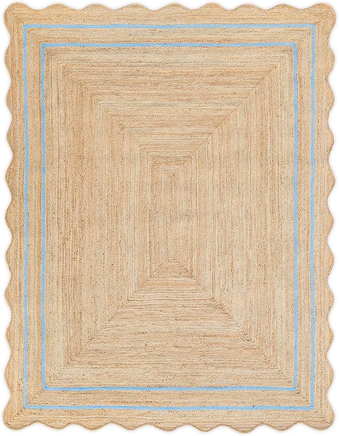 Scalloped Jute Runner, Sky Blue, 5'x8' - Boho, Farmhouse, Geometric, Handmade, Indoor, Rectangular, Rustic, Space, Unisex