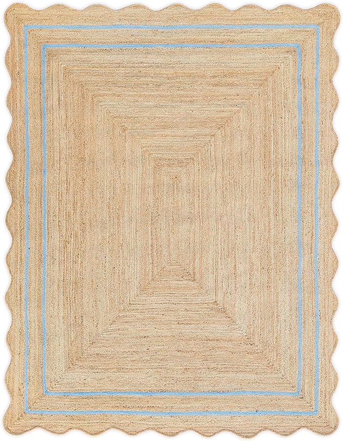 Wave Scalloped Natural Jute Runner, Sky Blue (9'x12'): Boho Farmhouse Entryway Scallop Rug