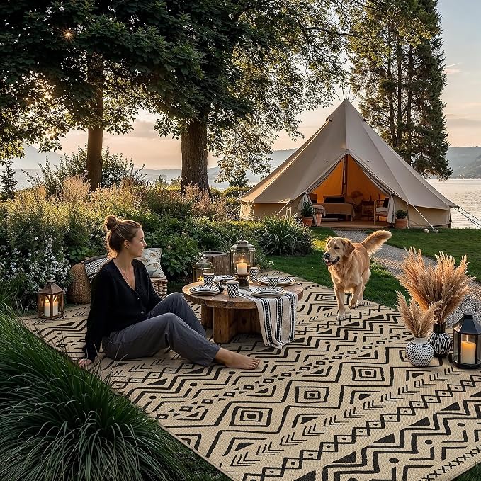 PureCozy 5x7 Easy Jute Outdoor Rug Black Boho Indoor Outdoor Area Rug Farmhouse Patio Carpet for Backyard, Patio, Porch, Living Room， Easy-Cleaning, High Traffic, Pet-Friendly, Non-Shedding