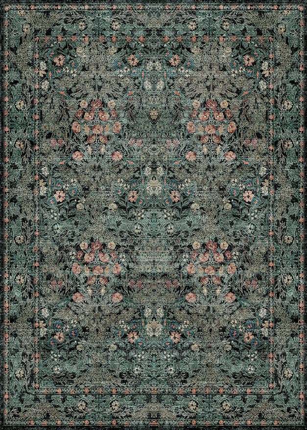Dark Green Boho 5x7 Area Rugs for Bedroom Aesthetic, Washable Floral Rug for Living Room, Nursery - Low Pile Non Slip French Country Carpet for Dining Room Under Table - Botanical Mat for Indoor