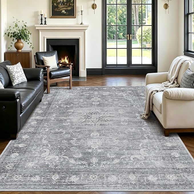 5x7 Area Rugs, Vintage Boho Carpet for Bedroom, Living Room, Gray | TTelephant Washable Low Pile Rug for Dining Roomwith Non-Slip Silicone Backing, Stain Resistant