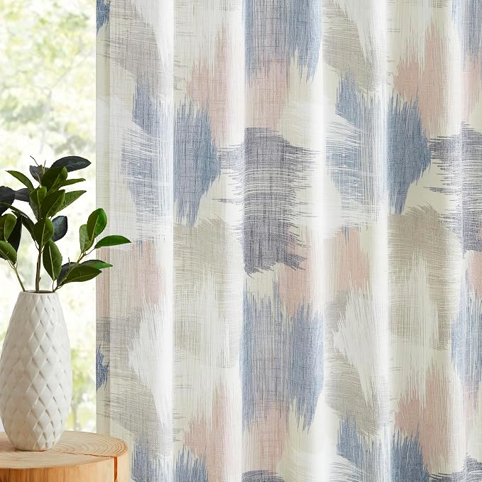 Kayne Studio Boho Abstract Semi Sheer Colorful Curtains,Blue Pink Watercolor Ink Print Light Filtering Farmhouse Curtains for Living Room and Bedroom, Back Tab Rod Pocket Drapes,W52 x L95,2 Panels