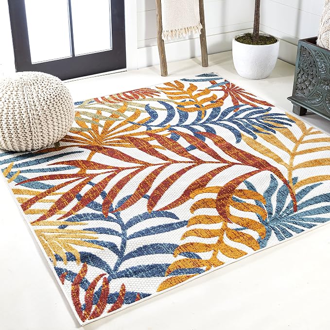 JONATHAN Y Tropics Palm Indoor Outdoor Square Area Rug 6X6 Cream/Orange | Ships Rolled, Durable Flat Weave, Lays Flat for Backyard, Patio, Porch, Easy-Cleaning, High Traffic,Pet-Friendly,Non-Shedding