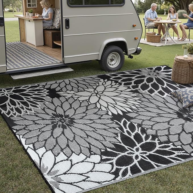 HUGEAR 6'x9' Outdoor Rug Waterproof Plastic Straw Rugs Black Reversible Floral Mat Floor Carpet for Camping RV Deck Entryance Porch Picnic Balcony Beach Backyard