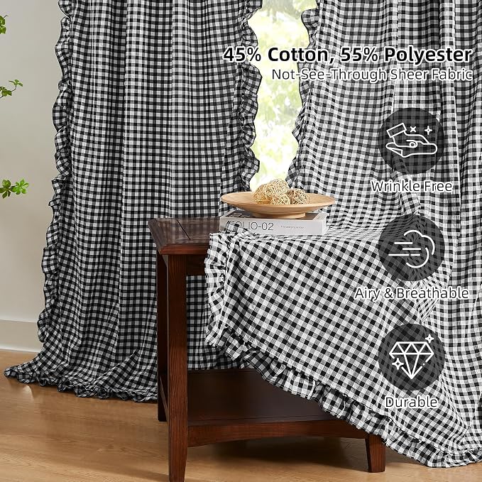 ZJDECOR 95 Inches Black White Buffalo Plaid Farmhouse Ruffle Curtains | Woven Crinkled Not-See-Through Sheer Drapes,Shabby Chic Window Treatment for Bedroom Living Room,Rod Pocket,40"Wx95"Lx2