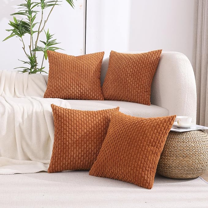 VAKADO Fall Throw Pillow Covers 16x16 Decorative Set of 4 Couch Corduroy Rust Boho Rustic Cushion Case Farmhouse Decor Square for Home Living Room Bed Sofa, Terracotta