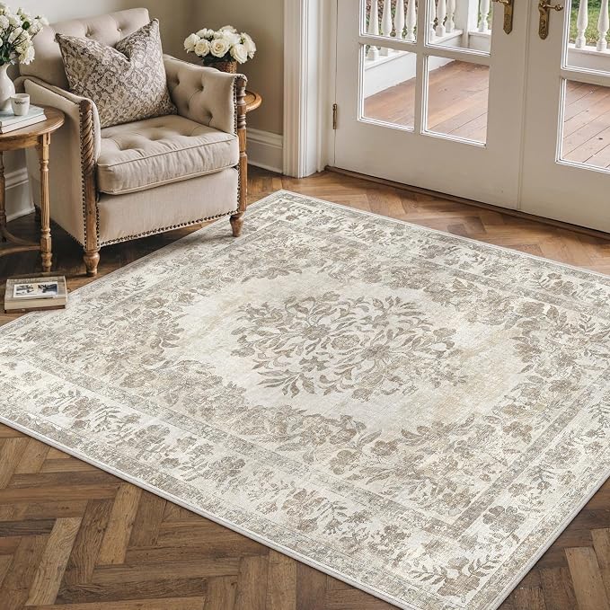 PureCozy 3x4 Area Rug Beige Washable Office Vintage Distressed Carpet Bedroom Indoor Neutral Medallion Floral Living Room Non Slip Retro Throw Floor Mat for Dining Room Kitchen Bathroom