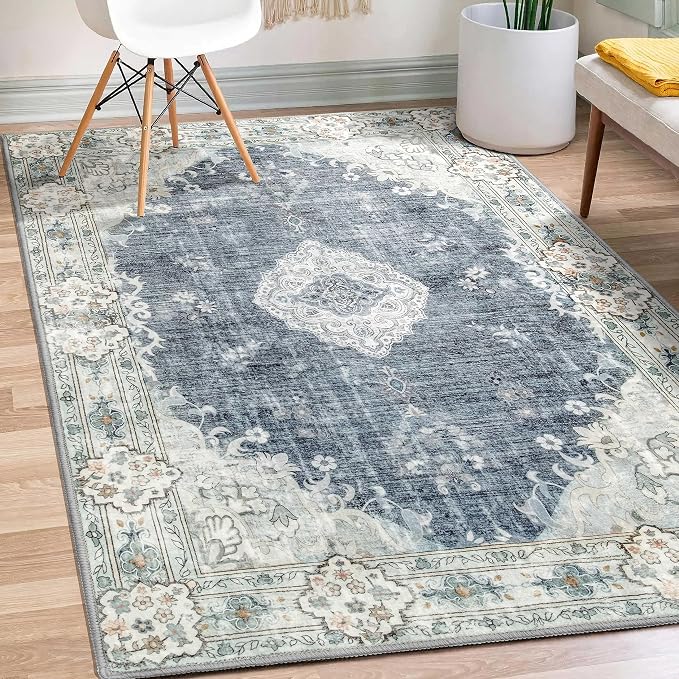 MUJOO 3x5 Rug Washable,Boho Area Rugs Small Non Slip Low-Pile Floral | Machine Washable Throw Carpet for Entryway Bedroom Bedside Kitchen Hallway Living Room Soft Indoor Flowers Blue and Grey