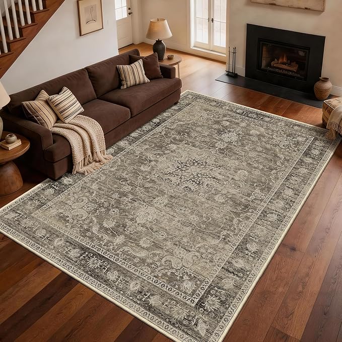 Brown Living Room Rug, Thin Vintage Washable Rug 6x9 for Bedroom | for Dining Room, Low Pile Large Medallion Carpets With Non-Slip Silicone Backing, Non-Shedding Stain Resistant