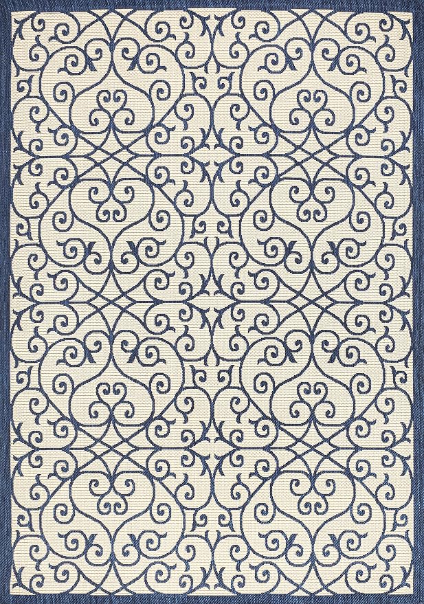JONATHAN Y Vintage Filigree Indoor Outdoor Area Rug 8X10 Navy/Beige, Madrid Textured Weave for Backyard, Patio, Porch, Easy-Cleaning, High Traffic, Pet-Friendly, Non-Shedding (SMB107G-8)