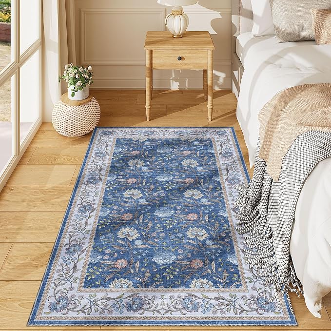 DUKINO 3x5 Rug, Washable Vintage Floral Bedroom Area Rug Non Slip, Sky Blue | Low Pile, Non-Shedding, Stain Resistant Boho Lightweight Soft Indoor Carpet for Bathroom Office Dining Living Room Farmhouse