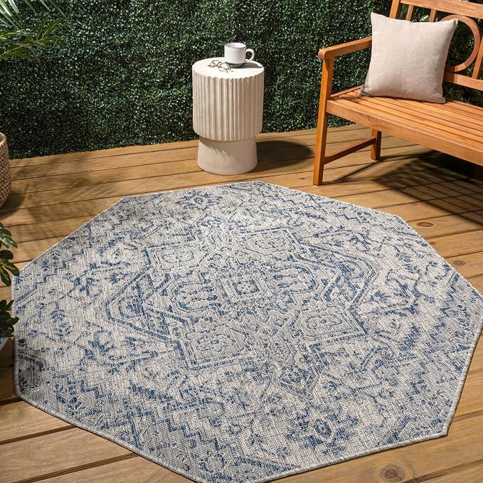 JONATHAN Y Boho Medallion Indoor Outdoor Octagon Area Rug 5 Ft Navy/Gray, Estrella Textured Weave for Backyard, Patio, Porch, Easy-Cleaning, High Traffic, Pet-Friendly, Non-Shedding (SMB105B-5TGN)