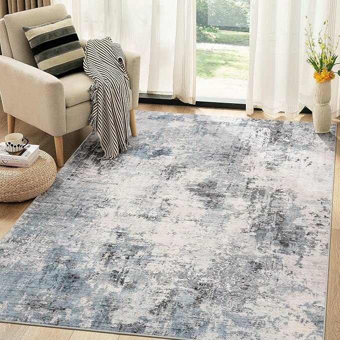 Abstract 5x8 Area Rug: Machine Washable Non Slip Ultra Thin Low-Pile Carpet, Soft Stain Resistant for Living Room Bedroom Nursery, Kid Pet Friendly, Robot Vacuum Compatible - Grey Blue