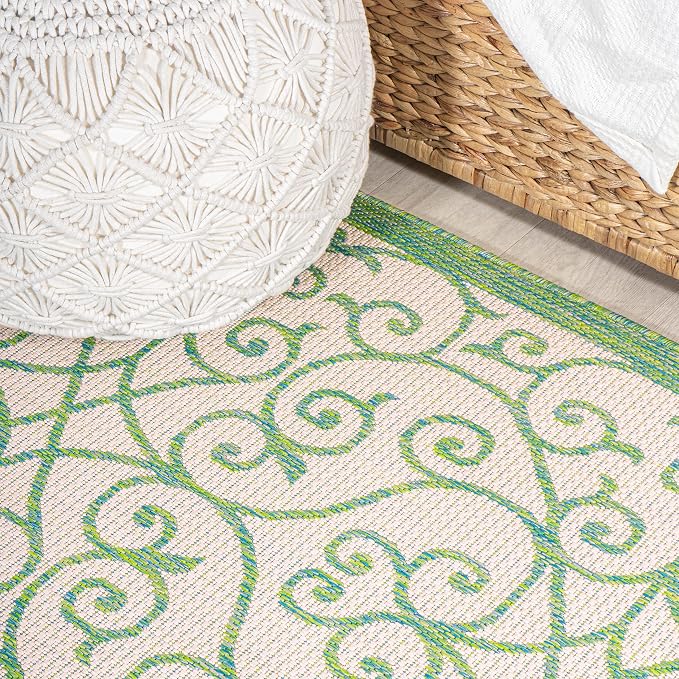 JONATHAN Y Vintage Filigree Indoor Outdoor Round Area Rug 5 Ft Cream/Green, Madrid Textured Weave for Backyard, Patio, Porch, Easy-Cleaning, High Traffic, Pet-Friendly, Non-Shedding (SMB107J-5R)