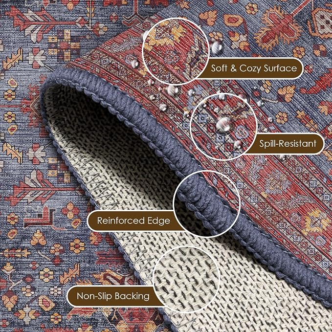 Washable Area Rug 6' x 9' Vintage Traditional Persian Mat - Foldable Distressed Non-Slip Machine Washable Carpet for Living Room Bedroom Kitchen Home Decor - Indigo and Crimson
