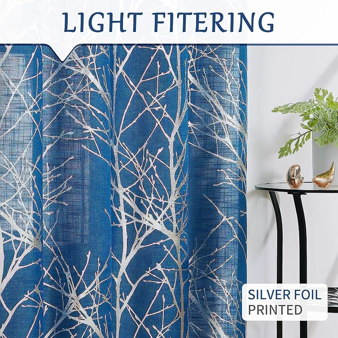 FMFUNCTEX Linen Silver Navy Blue Semi Sheer Print Curtains 96 Inch 2 Panels | Metallic Branch Sheer Patterned Drapes, Light Filtering Grommet Panels for Modern Farmhouse Bedroom and Living Room Style