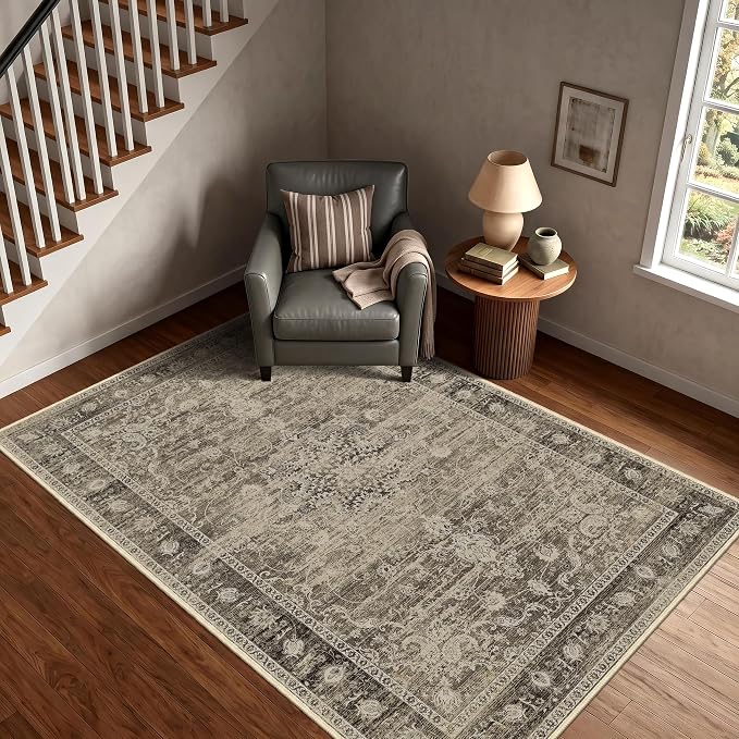 4x6 Entryway Rug, Vintage Medallion Carpet for Bedroom, Brown | for Living Room and Kitchen, Washable Low Pile Indoor Rug with Non-Slip Silicone Backing, Non-Shedding Stain Resistant