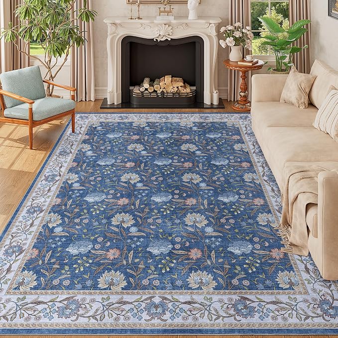 DUKINO 8x10 Area Rug Vintage Floral Washable Rug for Living Room, Sky Blue | Non Slip, Low Pile, Non-Shedding, Stain Resistant Boho Soft Indoor Large Carpet for Bedroom Dining Room Farmhouse, Home Decor