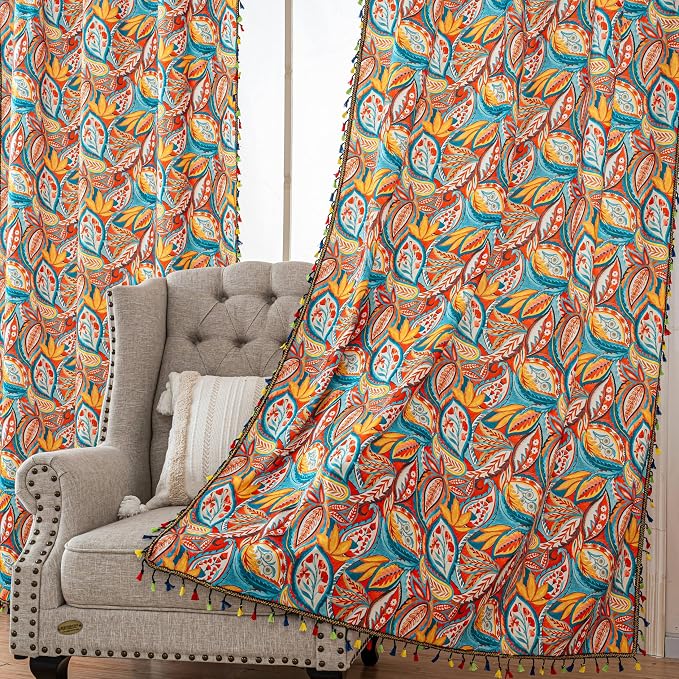 Boho Paisley Curtains 102 Inches Long, Orange Blue Light Filtering Rod Pocket Drapes with Tassel Trim for Bedroom Living Room, 2 Panels