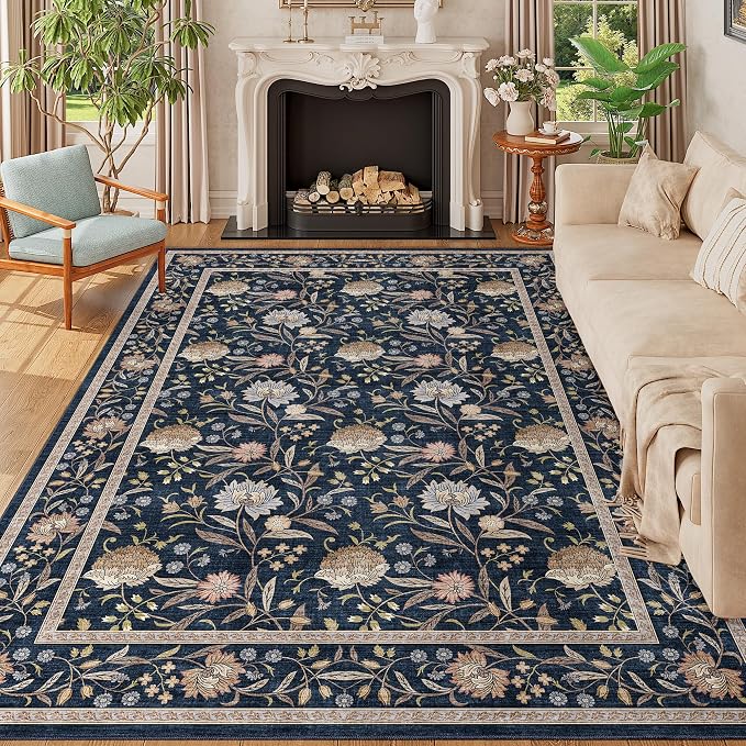 DUKINO 6x9 Area Rug, Vintage Floral Washable Rugs for Living Room Navy Blue | Non Slip, Low Pile, Non-Shedding, Stain Resistant Soft Large Carpet for Bedroom Home Office Dining Room Farmhouse, Home Decor