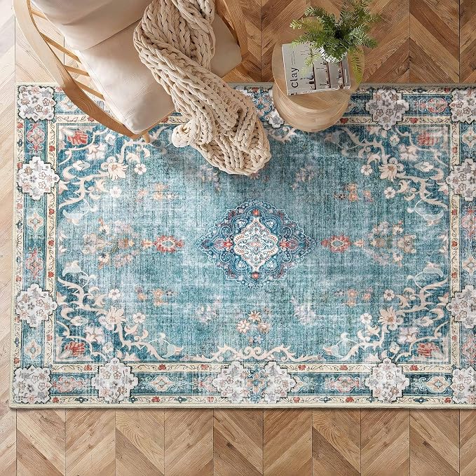 MUJOO Boho Rug 3x5 Washable,Small Area Rugs Non Slip Low-Pile Floral | Machine Washable Throw Carpet for Entryway Bedroom Bedside Kitchen Hallway Living Room Soft Indoor Flowers Blue Colorful