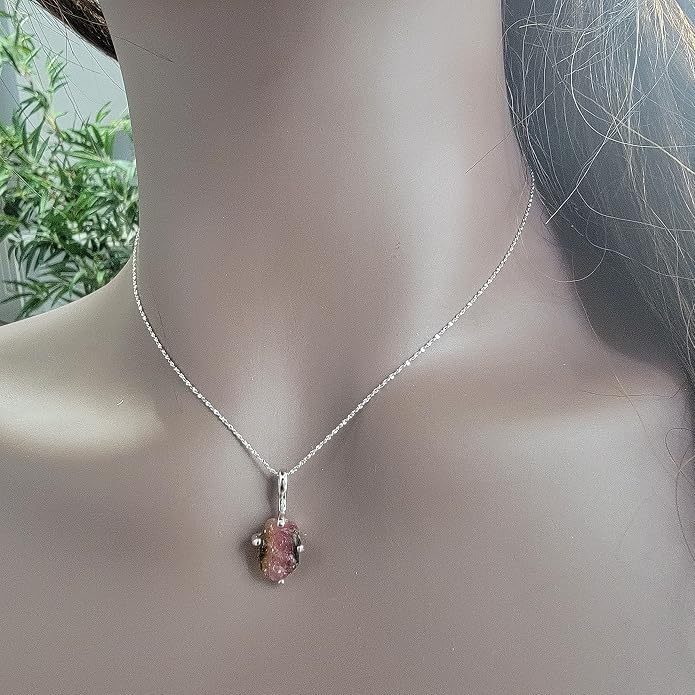 Natural raw gemstone pendant chain necklace with white gold over 925 solid sterling silver, birthstone dainty solitaire gift for her, uniquelan jewelry