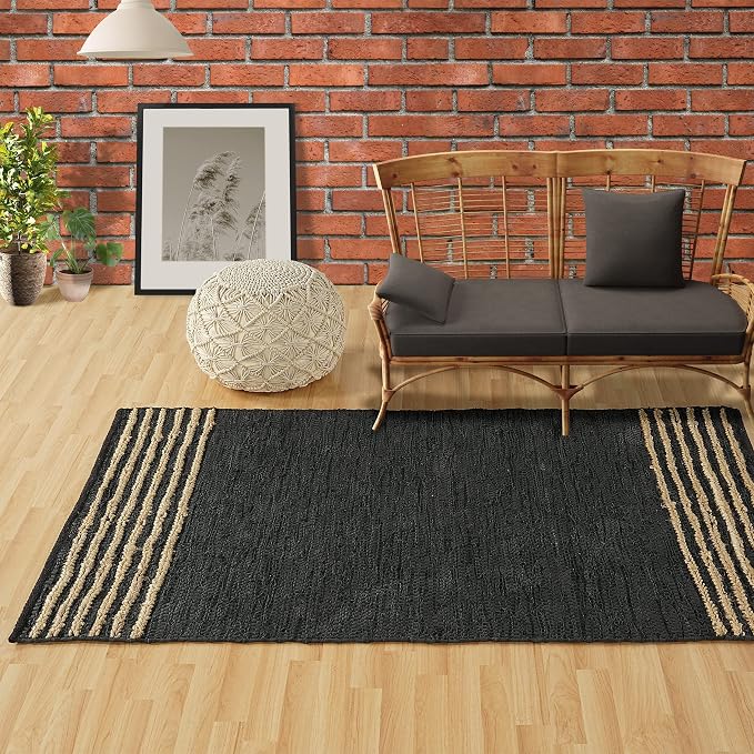 GRUHUM Black Jute Area Rug 9x12 ft - Natural Fiber Black Leather Rectangular Handwoven Boho Farmhouse Soft Braided Eco Friendly Vintage Rugs Indoor Living Room Bedroom Kitchen Hallways 9'x12' Large