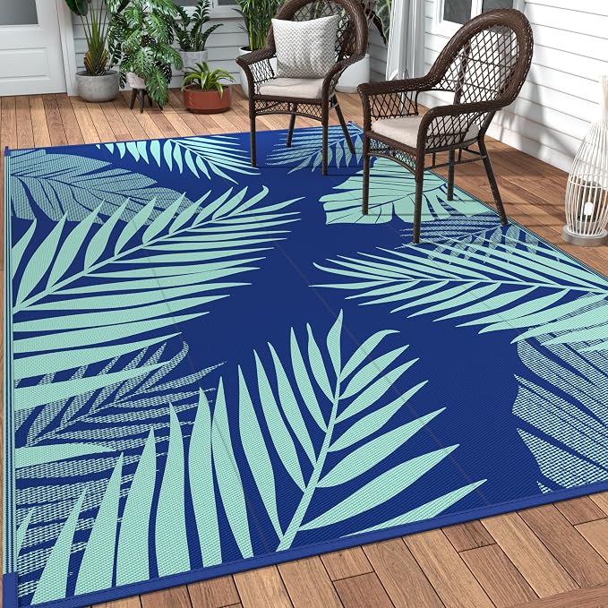 GENIMO Outdoor Rug, Waterproof Plastic Rugs for Patio, 6'x9' Navy Green | Outside Larger Leaf Carpet Mat for Porch Decor, Deck, Balcony, Camping, RV, Backyard, Picnic, Beach, Reversible, Foldable