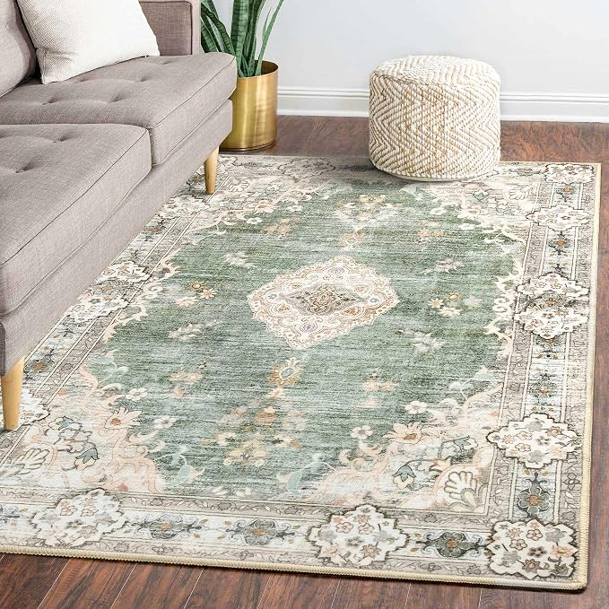 MUJOO 5'x7' Area Rugs Green Washable Boho Rug Non Slip Low-Pile Floral | Machine Washable Large Throw Carpet for Bedroom Living Room Dining Room Soft Floor Indoor Abstract Flowers Sage Green