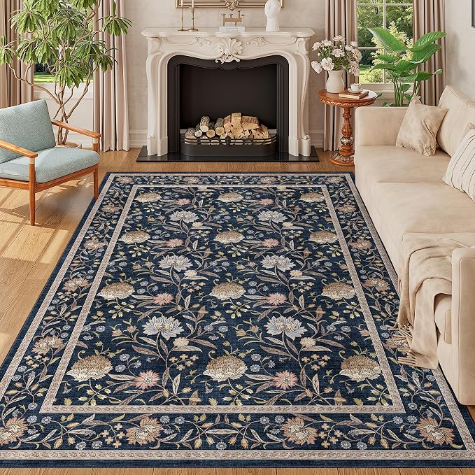 DUKINO 5x7 Area Rug, Vintage Floral Washable Rug for Living Room, Navy Blue | Non Slip, Low Pile, Non-Shedding, Stain Resistant Lightweight Boho Soft Carpet for Bedroom Home Office Dining Room Farmhouse
