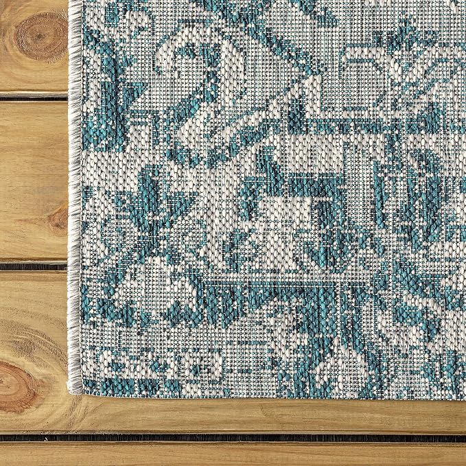 JONATHAN Y Boho Medallion Indoor Outdoor Round Area Rug 9 Ft Teal/Gray, Estrella Textured Weave for Backyard, Patio, Porch, Easy-Cleaning, High Traffic, Pet-Friendly, Non-Shedding (SMB105C-9R)