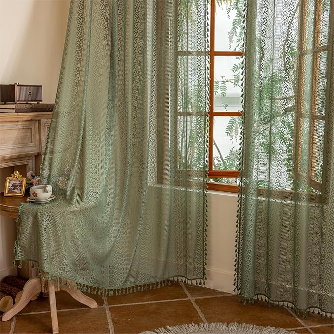 Sutuo Home Boho Lace Sheer Curtains 2 Panels for Bedroom Home Office, French Country Privacy Vintage Chic Drape Tassels Cottage Rustic Geometry Rod Pocket Christmas Decor, 50" x 108" Olive Green