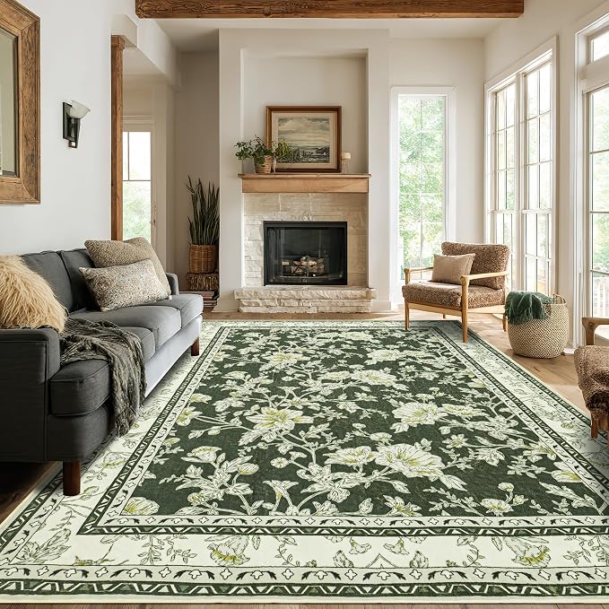 Olive Green Floral 5x7 Area Rug Vintage Boho Washable Printed Rug for Living Room Non-Slip Soft Bedroom Cottagecore Farmhouse Carpet for Dining Room Nursery Dark Green and Cream Beige Sketch Style