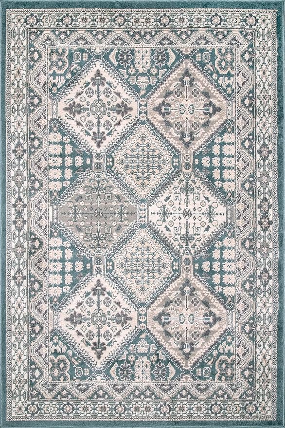 Nuloom Becca Blue/Ivory, 6' Square, Traditional Tiled, Soft and Cozy, High Traffic, Stain Resistant, Easy Clean, Durable Area Rug for Bedroom, Living Room, Dining Space, Den, Foyer, Entryway