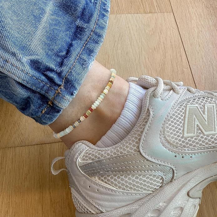 Natural Stone Beaded Anklets for Women Teen Girl Gifts Trendy Stuff Boho Anklet Colorful Bead Ankle Bracelets for Women Waterproof Handmade Beach Gifts Summer Jewelry Birthday Christmas Gift