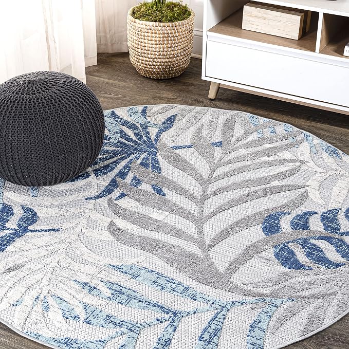 JONATHAN Y Tropics Palm Leaves Indoor Outdoor Round Area Rug 5 Ft Gray/Blue | Ships Rolled, Durable Flat Weave, Lays Flat for Backyard, Patio, Porch, Easy-Cleaning, High Traffic,Pet-Friendly,Non-Shedding