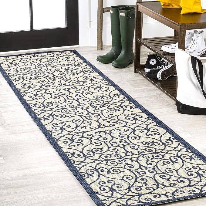 JONATHAN Y Vintage Filigree Indoor Outdoor Runner Rug 2X8 Navy/Beige, Madrid Textured Weave for Backyard, Patio, Porch, Easy-Cleaning, High Traffic, Pet-Friendly, Non-Shedding (SMB107G-28)