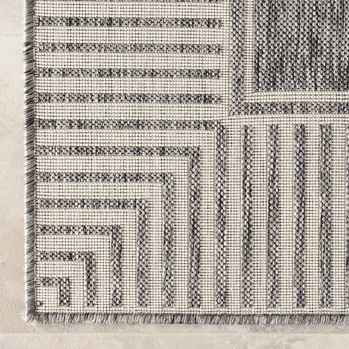 Nuloom Asha Grey/Ivory, 4' x 6', Casual, Striped Border, Soft and Cozy, High Traffic, Easy Clean, Durable Area Rug for Indoor/Outdoor Patio, Deck, Porch, Garden, Courtyard