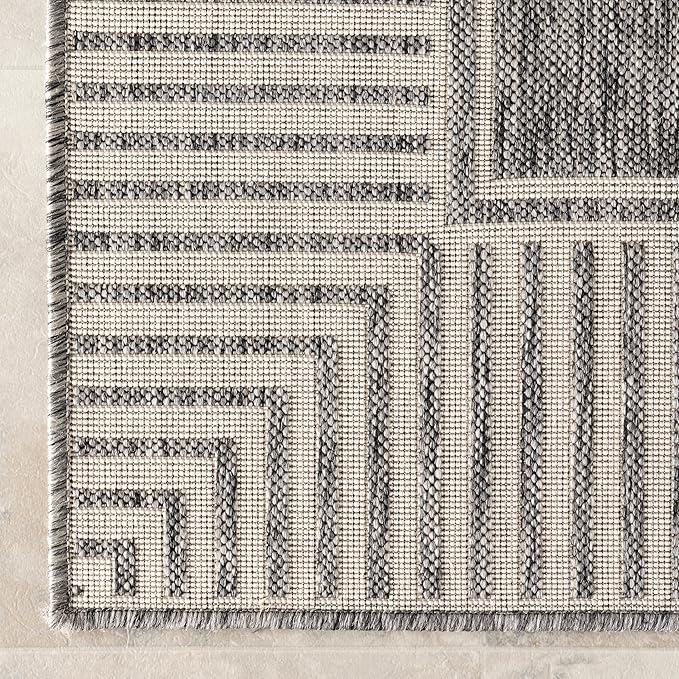 Nuloom Asha Grey/Ivory, 10' x 14', Casual, Striped Border, Soft and Cozy, High Traffic, Easy Clean, Durable Area Rug for Indoor/Outdoor Patio, Deck, Porch, Garden, Courtyard