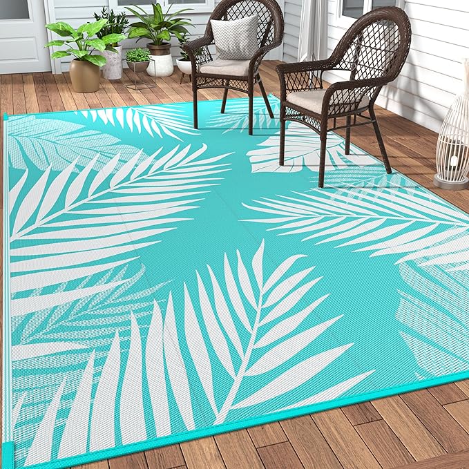 GENIMO Outdoor Rug, Waterproof Plastic Rugs for Patio, 9'x12' Navy White | Outside Larger Leaf Carpet Mat for Porch Decor, Deck, Balcony, Camping, RV, Backyard, Picnic, Beach, Reversible, Foldable