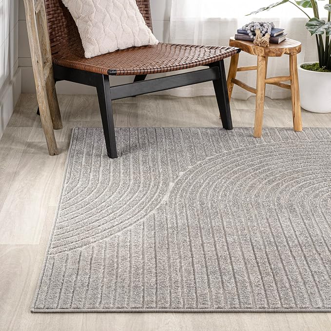 JONATHAN Y Hallie High-Low Curve Gray/Ivory Indoor/Outdoor Area Rug, 10x14, Minimalist, Pet Friendly, Non-Shedding, Stain Resistant, Hose-Washable for Backyard, Patio, Porch (SCN100A-14)