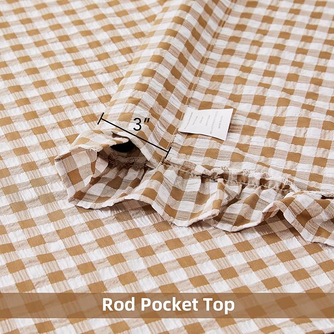 ZJDECOR 90 Inch Brown Buffalo Plaid Crinkle Curtains with Ruffle Edges | Neutral Farmhouse Not-See-Through Sheer for Bedroom Living Room,Rustic Window Treatment,Rod Pocket,40"Wx90"L(Pack of 2)