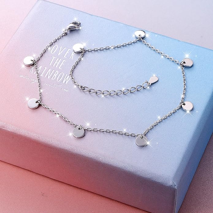 Anklet for Women S925 Sterling Silver Beach Style Foot Layered Adjustable Ankle Bracelet Disc Evil Eye Heart Infinity Bead Cross Jewelry